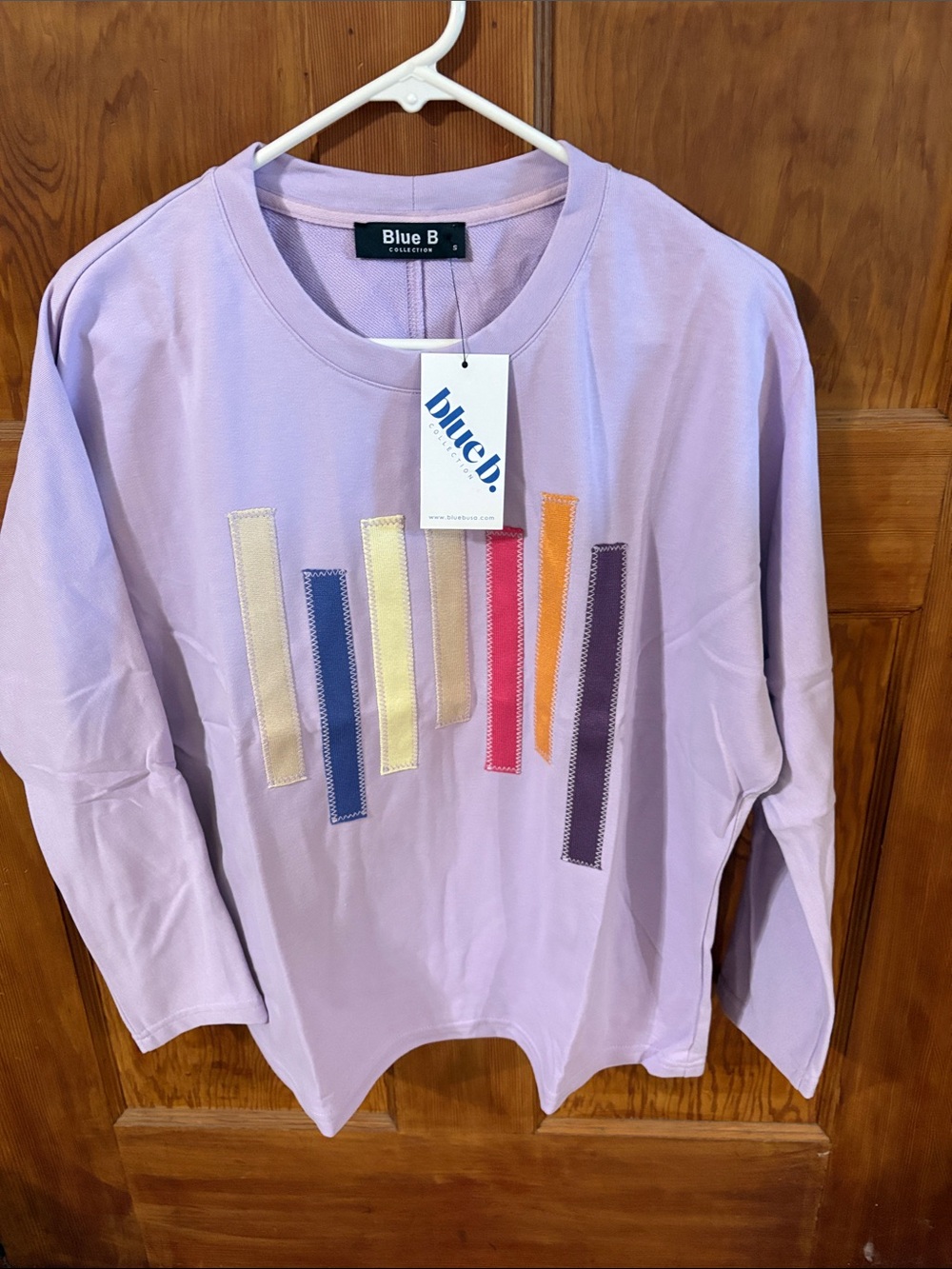 Blue B Lavender Long-Sleeve sweatshirt/Top with Colorful Stripe Appliqué